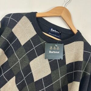 Barbour Sweater Mens Large Green Argyle Diamond Knit Long Sleeve Cashmere Blend